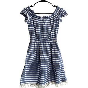 Eliza J Blue & White Striped Cotton Short Sleeve Tassel Pocket Dress Women Sz 0
